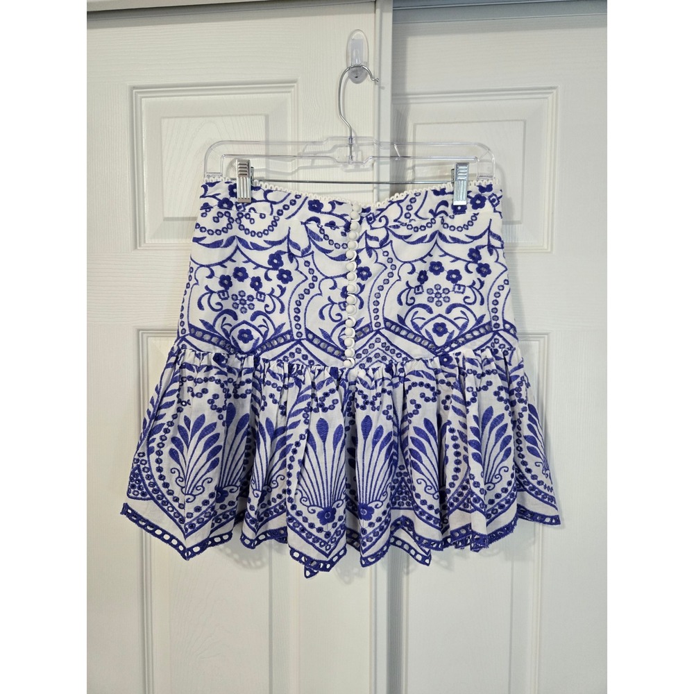 ZARA Blue White Embroidered Eyelet Mini Skirt Ruffle Scalloped Hem Size M